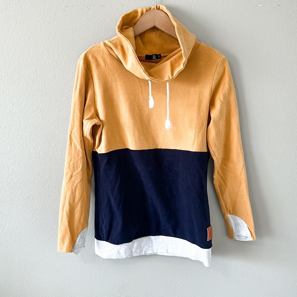 Ampersand Avenue Navy Blue & Yellow Cowl Neck Sweatshirt Medium